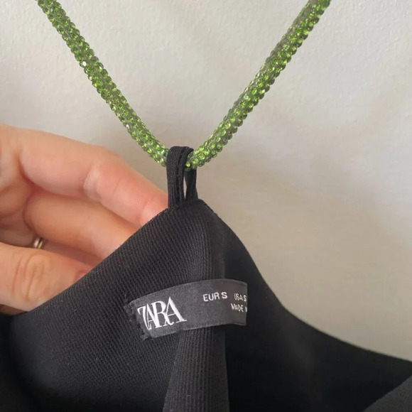 Zara Black Cowl Neck Mini Dress w/ Green Diamante Rhinestone Straps Sz Small - Picture 15 of 16